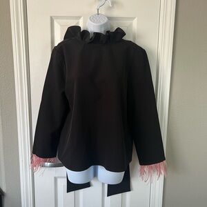 Tuckernuck Faye black ruffle neck tie back top pink feather top medium